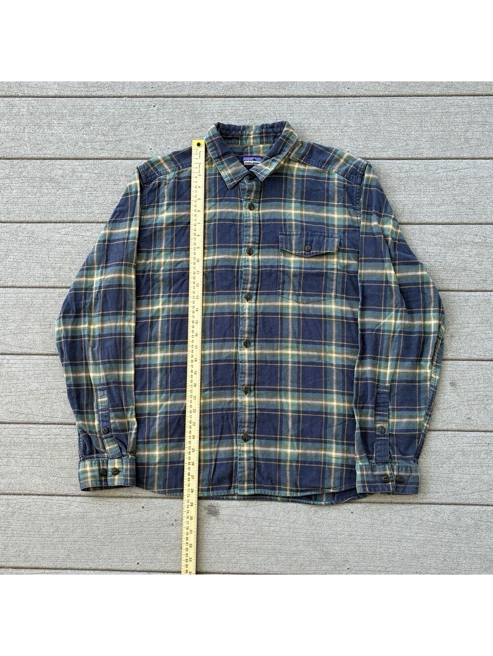 Patagonia Lightweight Fjord Flannel Shirt Mens L Blue Green Plaid Organic Cotton